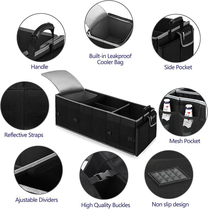 Trunk Organizer With Built-In Insulated Leak Proof Cooler Bag,Collapsible Cargo Organizer For Suv With Non Slip Bottom
