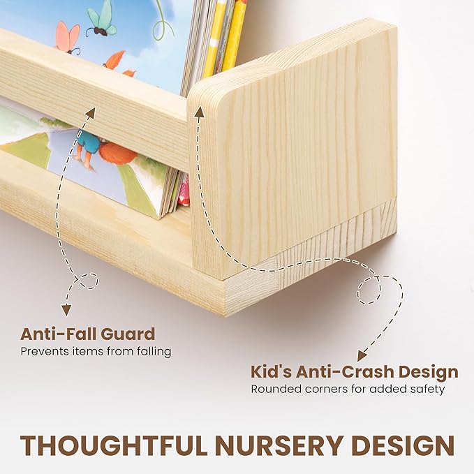 Fun Memories Nursery Book Shelves Set of 4, 24 Inch Solid Wood Wall Book Shelves, Kids Room Floating Shelves Organizer & Toy 
