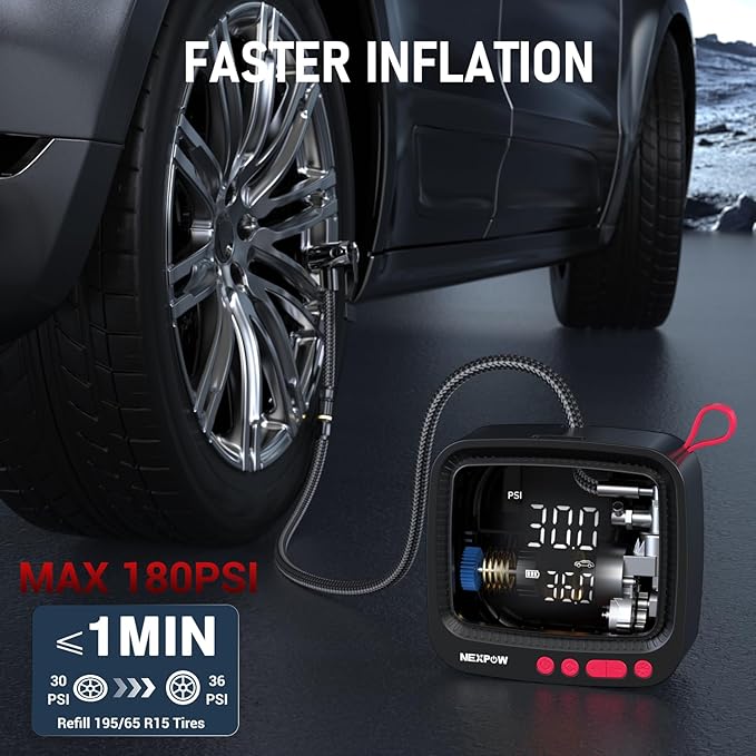 NEXPOW Tire Inflator Portable Air Compressor - Air Pump for Car Tires with 12V DC Power Adapter, 180PSI Electric Tire Pump with Digital Pressure Gauge for SUV, Motorcycle, Bicycle, Basketball