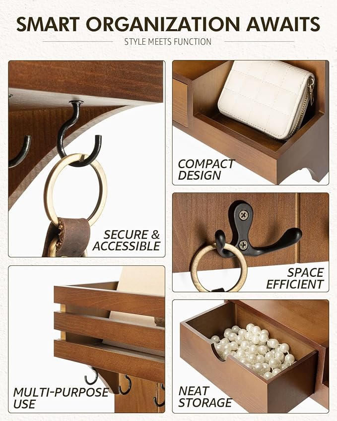 Rebee Vision Farmhouse Key Holder Wall Mount – Decorative Mail Organizer with 9 Key Hooks and Mini Drawer Organizer – Rustic 