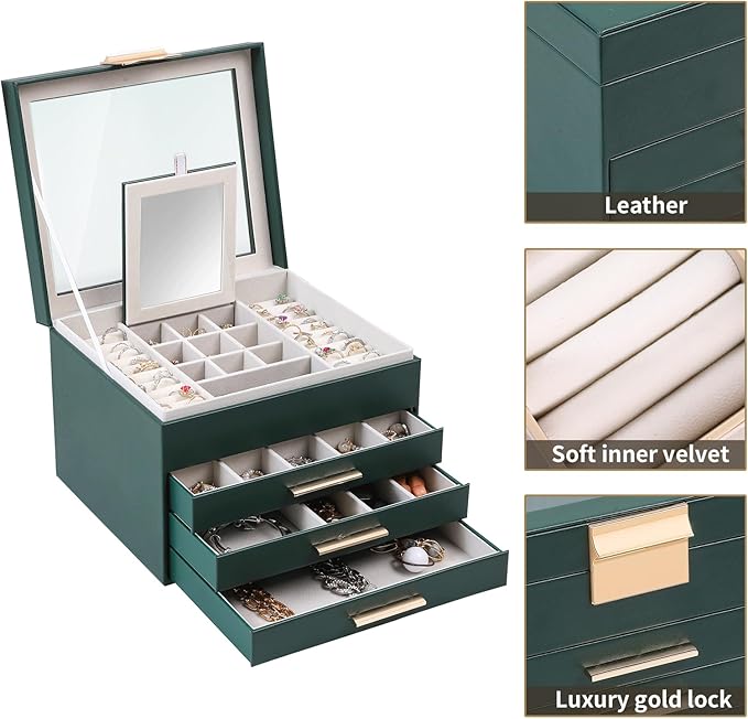 BOOVO Clear Lid Jewelry Box,4 Layers Jewelry Organizer Large Jewelry Storage Box with 3 Drawers,Jewelry Holder Organzier of R
