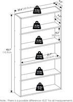 Furinno Basic Book Shelf, 5-Tier Bookshelf, Storage Organizer Bookcase with Open Shelf, 7 x 24 x 44, for Living Room, Bedroom