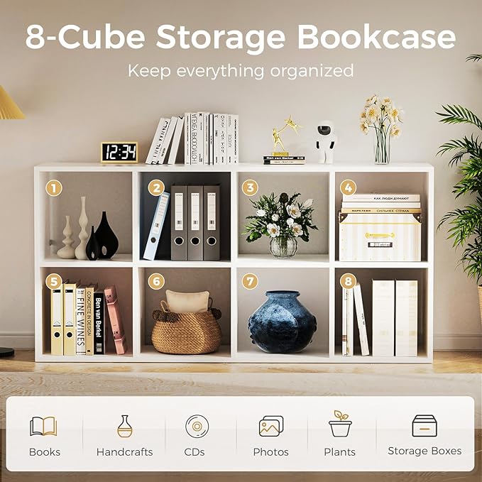 COMHOMA 8 Wood Cube Storage Organizer with Open Back and Removable Back Panels, 11In White Cube Storage Bookshelf, Cubicle Sh