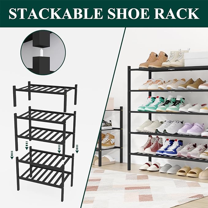 Smiry Shoe Rack, 3 Tier Long Bamboo Shoe Organizer, Stackable Free Standing Wooden Shoe Storage Shelf for Closet, Entryway, F
