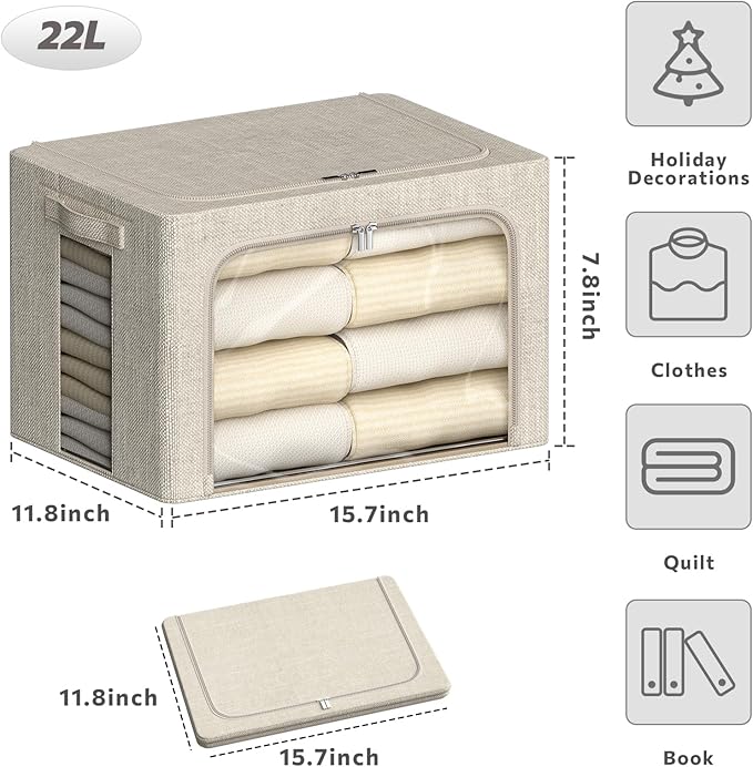 4 Pack Clothes Storage Bins with Metal Frame - 22L Stackable Storage Box with Lid，Foldable Storage Container Organizer for Cl