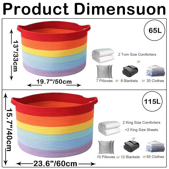 115L Large Blanket Basket,23.6" L x 23.6" W x 15.7" H Rope Woven Baskets with Handles, Toys Storage Bins,Laundry Basket Perfe