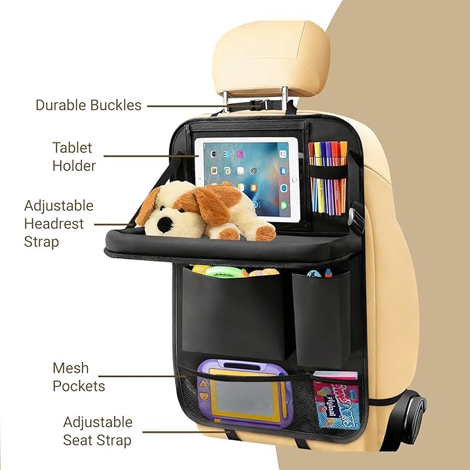 2-Pack Black Car Backseat Organizer, 10 Storage Pockets and Tablet Holder, Back Seat Organizer for Kids, Family Road Trip Essentials, Travel Accessories-Black