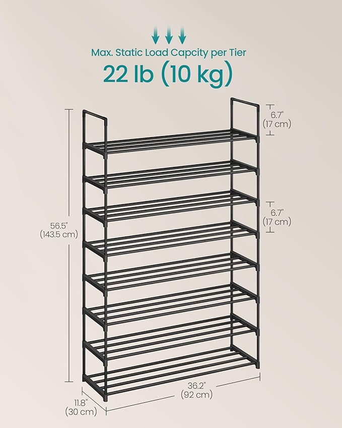 SONGMICS Shoe Rack, 8-Tier Shoe Organizer, Metal Storage Shelf, Upright or Upside Down, for 32-40 Pairs, Stackable, for Entry