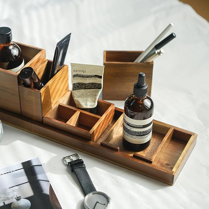 Wood Vanity Tray, 6-Piece Small Bathroom Counter Organizer Wooden Decorative Trays Rectangular Perfume Jewelry Makeup Cosmeti