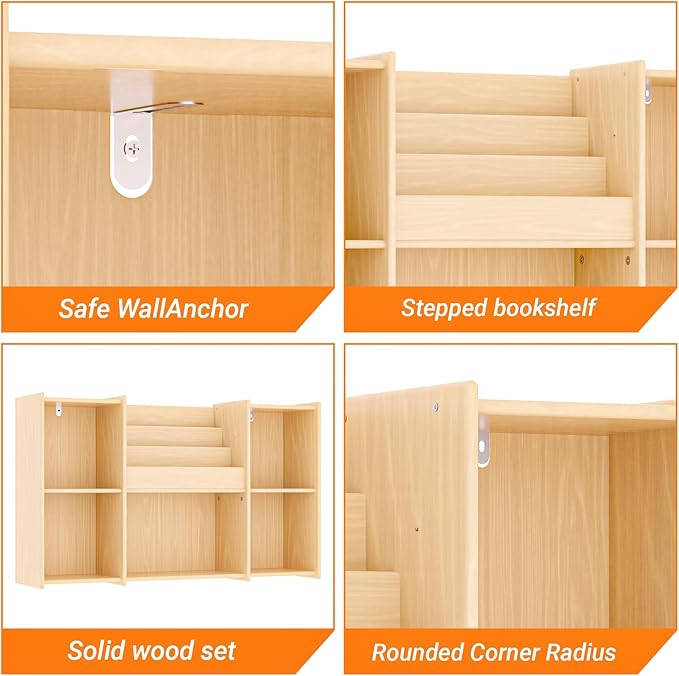 Kids Bookshelf & Toy Storage Organizer, 2-Tier Horizontal Wooden Shelf with 5 Open Compartments and Front Book Display, Low H