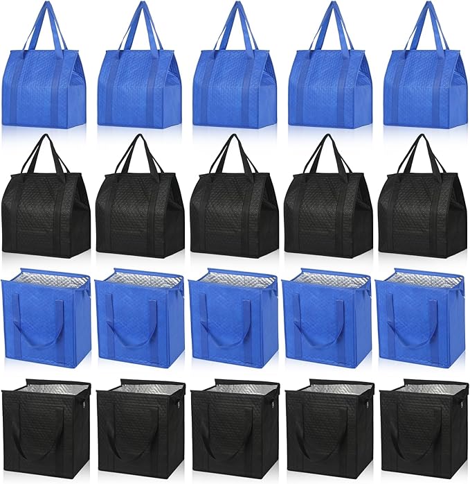 20 Pcs Insulated Shopping Bags for Groceries with Zipper & Handles, Large Foldable Cooler Bags for Hot & Cold Food
