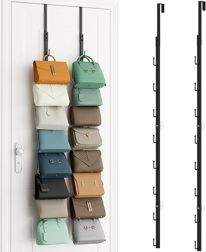SWTYMIKI Over The Door Purse Organizer - 2 Packs Wall Mounted Purse Rack with 8 Hooks Design, Hanging Handbag Organizer Stora