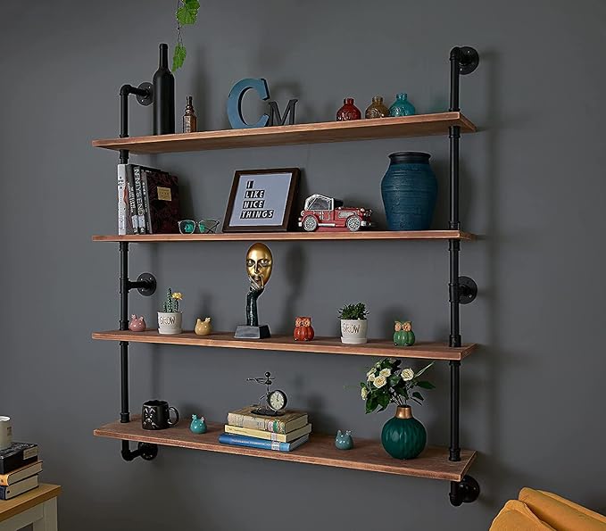 Floating Bookshelf Shelves Industrial Pipe Shelving Floating Pipe Shelf with Wood Planks 48 inch Industrial Wall Shelves Rust