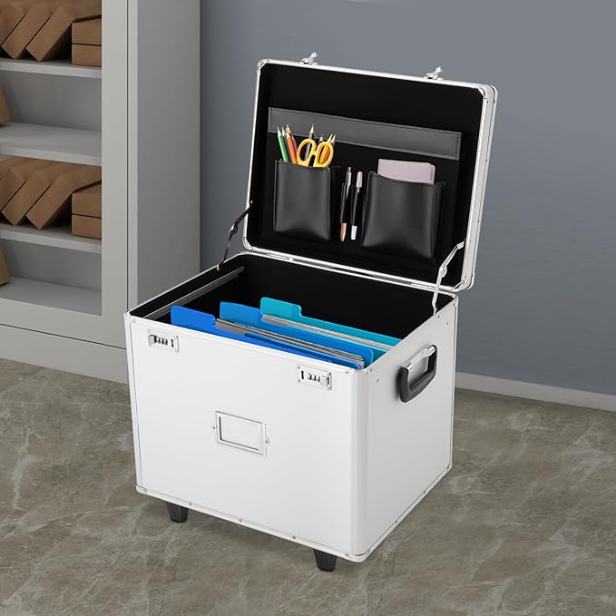 Locking File Box Aluminum Alloy Portable Storage Case with Telescopic Handle Mobile File Organizer with Combination Lock Roll