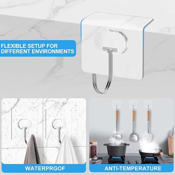 JINSHUNFA Adhesive Wall Hooks 13LB Heavy Duty No Drill Large Transparent Waterproof Hooks for Bathroom Kitchen Towel Coat 12 