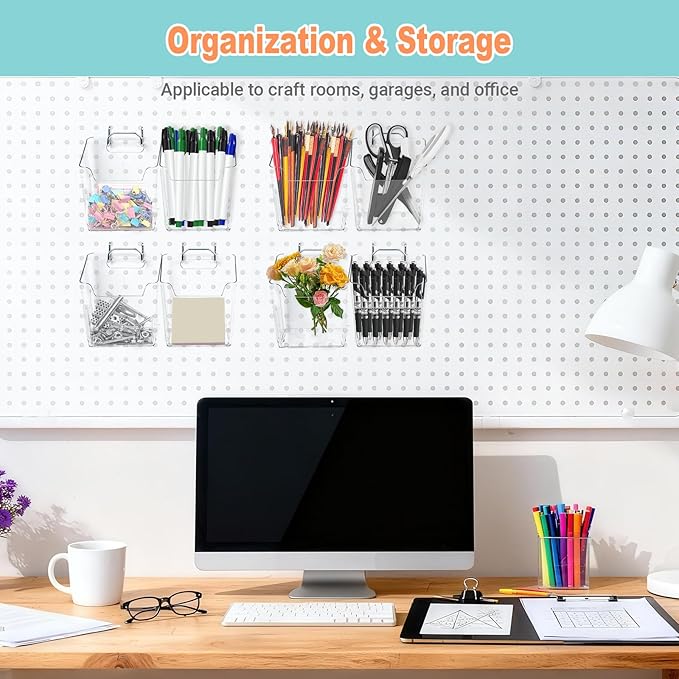 8 Pack Large Pegboard Bins with Hooks, Square Box Shape Peg Board Cups and Peg Board Accessories for Craft Room, Playroom, Of