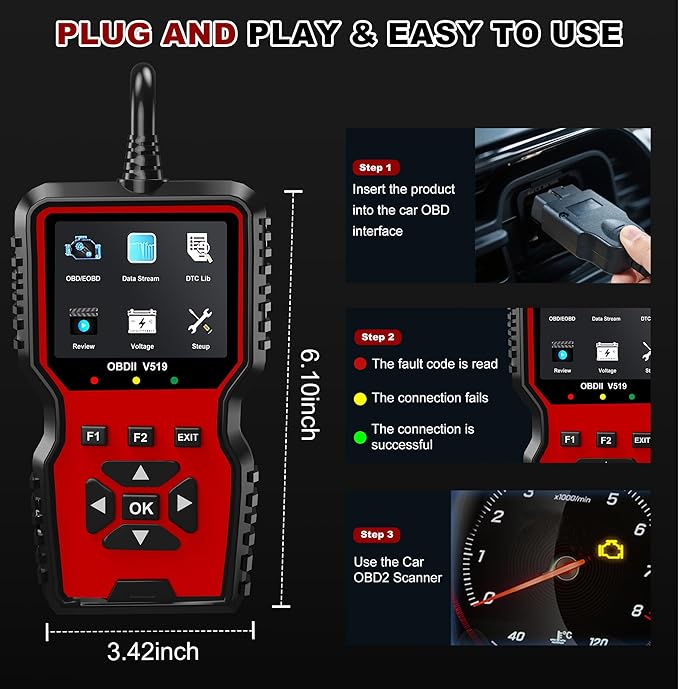 V519 OBD2 Diagnostic Scanner Tool - Vechicle Check Engine Light Code Reader with Battery Voltage Tester, I/M Readiness, Reset,