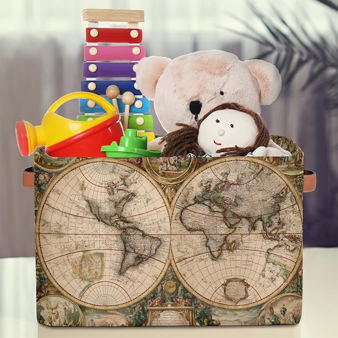 Globe Travel World Map Storage Basket Collapsible Cloth Storage Cube Basket Bins Organizer with Handles Rectangular Large Toy
