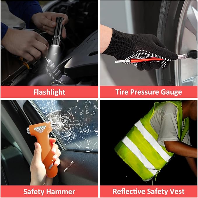 Car Roadside Safety Kit - 129pcs Black Red Winter Emergency Road Side Assistance Kits Auto Essential Kit for Men, Women, Teen