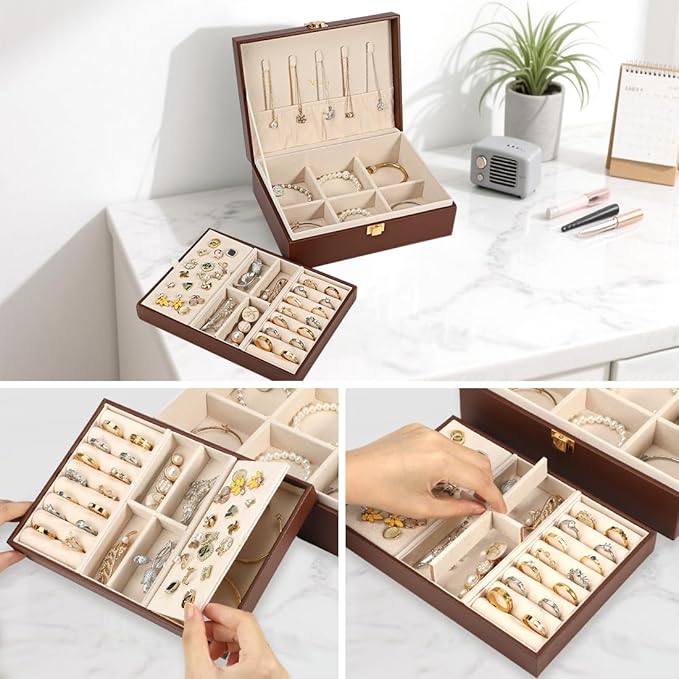 Voova Jewelry Box Organizer for Women Girls, 2 Layer Large Men Jewelry Storage Case, PU Leather Display Jewellery Holder with