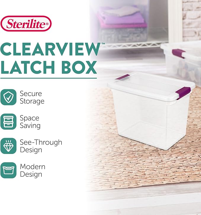 Sterilite 6-Pack 27 Quart ClearView Latch Box, Stackable Organizer Bins with Latching Lids - Clear Plastic Organization Conta
