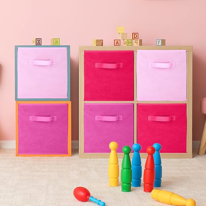 Karenhi 11" x 10. 5" x 10. 5" Pink Storage Cube, 6 Pack Fabric Cube Storage Bins Organizer Box, Collapsible Baskets with Hand
