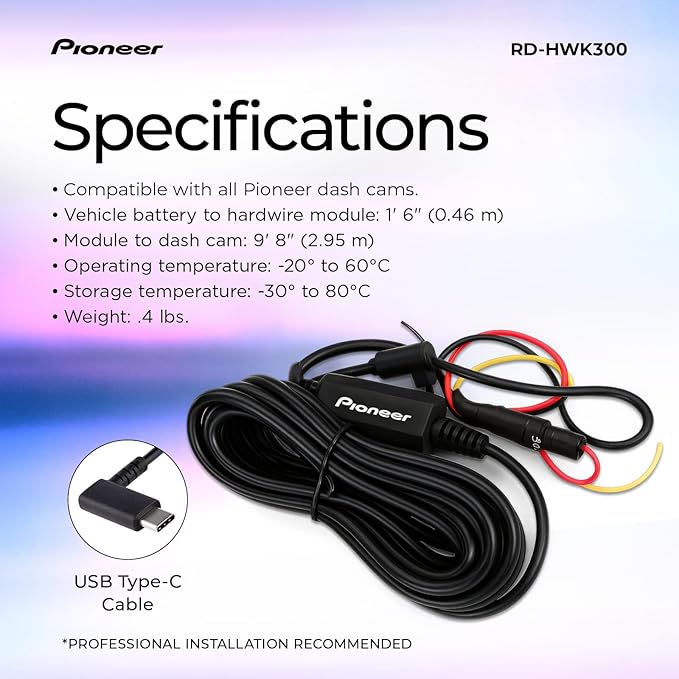 Pioneer RD-HWK300 USB-C Hardwire Kit for Compatible Dash Cams – 12-24V to 5V with Low Voltage Protection, Fuse Safety, Parkin