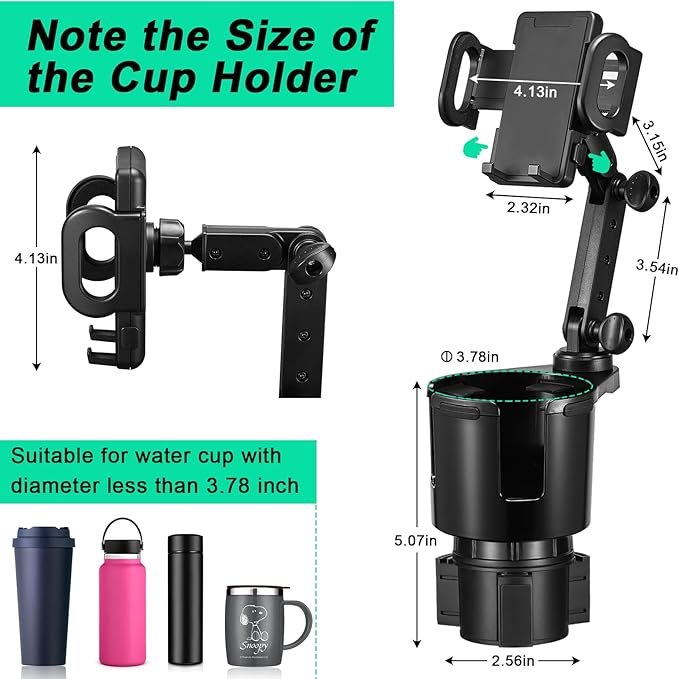 This Hill Car Cup Holder Expander Adjustable Base with Phone Mount 360° Rotation Cup Holder Cell Phone Holder for Car Compati
