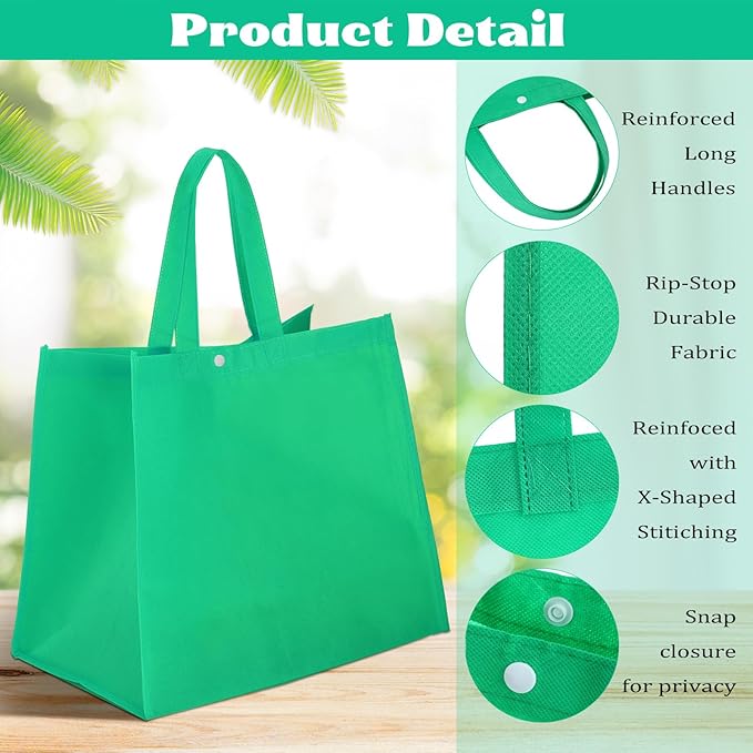 Boao 48 Pack Reusable Grocery Bags 13''L x 9.4''W x 15''H Large Foldable Shopping Tote Bag Non Woven with Handle and Button