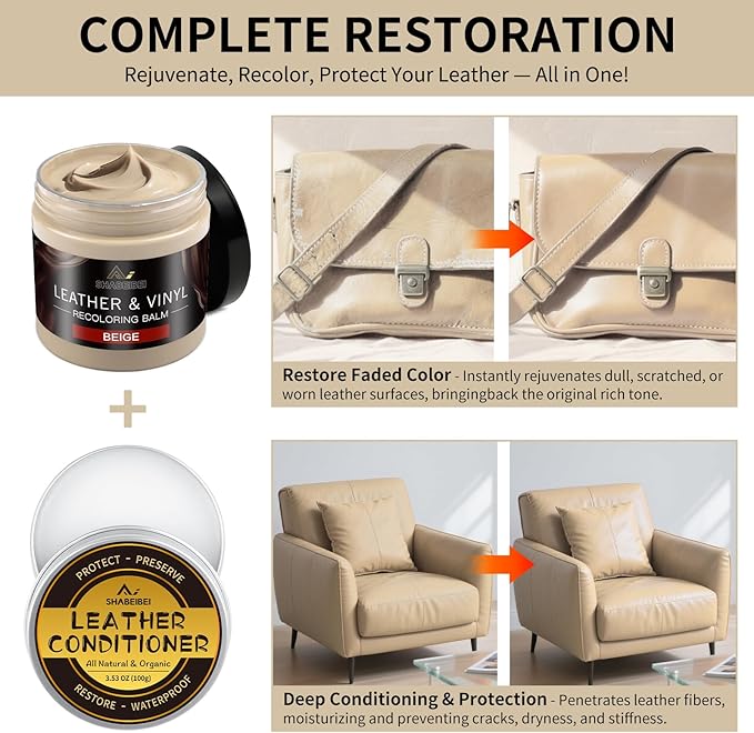 Leather Recoloring Balm with 100ml Mink Oil, Beige Leather Repair Kit and Scratch Remover for Furniture, Car Seats, Sofas, Dy