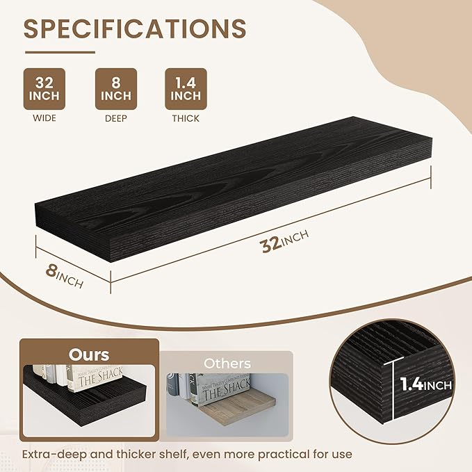 Dreamland 8" Deep Long Floating Shelves, 32 Inches Floating Shelves for Wall Set of 2, Large Display & Storage Shelf, Wall Sh