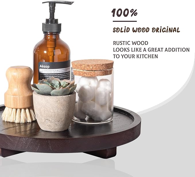 Round Decorative Tray Wood Bathroom Counter Organizer Farmhouse Kitchen Decor Wooden Riser for Soap Dish, Perfume, Candle, Sp