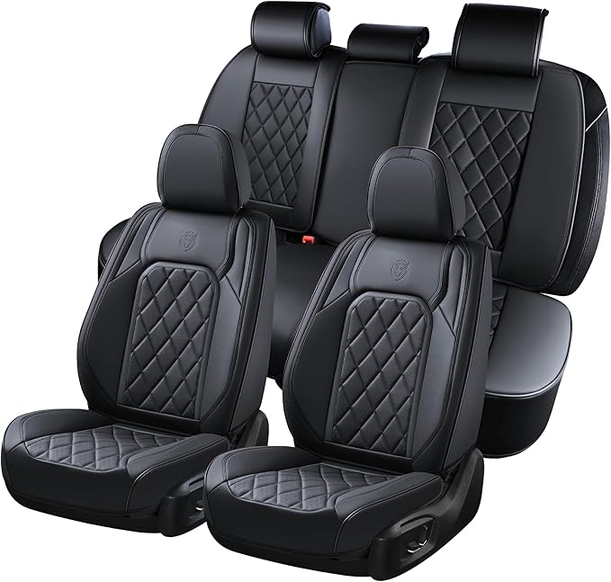 Coverado Car Seat Covers Full Set, Front and Back Seat Covers for Cars, Luxury Faux Leather Waterproof Seat Covers, Black Car