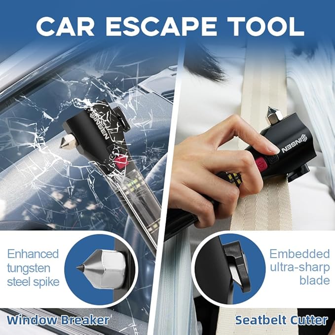 SINSEN Car Safety Hammer Flashlight, Tactical Emergency Rescue Tool, LED High Lumens Rechargeable Solar Powered Escape Kit, W