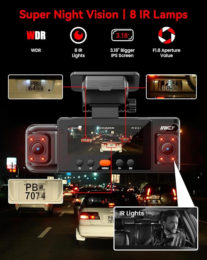 IIWEY N6 360° Dash Cam 4 Channel, 5.8G WiFi-6 (up to 20MB/s) with App, Free 128GB Card, FHD Front & Rear Inside Dash Cam for 