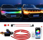YM E-Bright Car Led Lights Exterior RGB Hood Light Strip Waterproof Multicolor Dynamic Scan Start Up Hoodbeam Kit with Turn Signal Indicator Function for Cars, Truck, SUV, APP Control, 12V 70inch