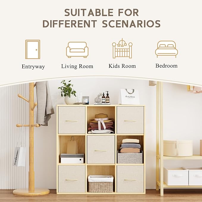 EXPERLAM 9 Cube Storage Organizer - Solid Wood Bookshelf with 5 Storage Bins, Cube Shelf with 3 Removable Back Panels, Vertic