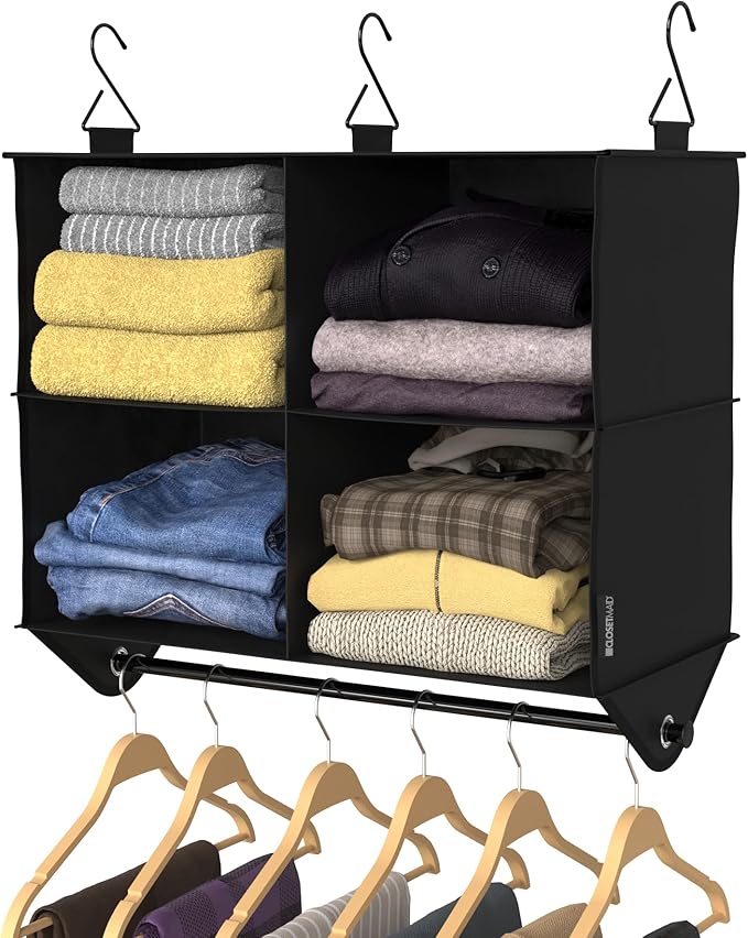 ClosetMaid 4-Shelf Fabric Hanging Closet Organizer with Garment Rod for Shirts, Sweaters, Pants, Hats, Shoes, Purses with Cha