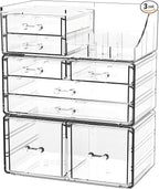 Cq acrylic 3 Pack Clear Makeup Organizer Countertop,Stackable 8 Drawers Skin Care Organizer,Cute Make Up Organizers for Vanit