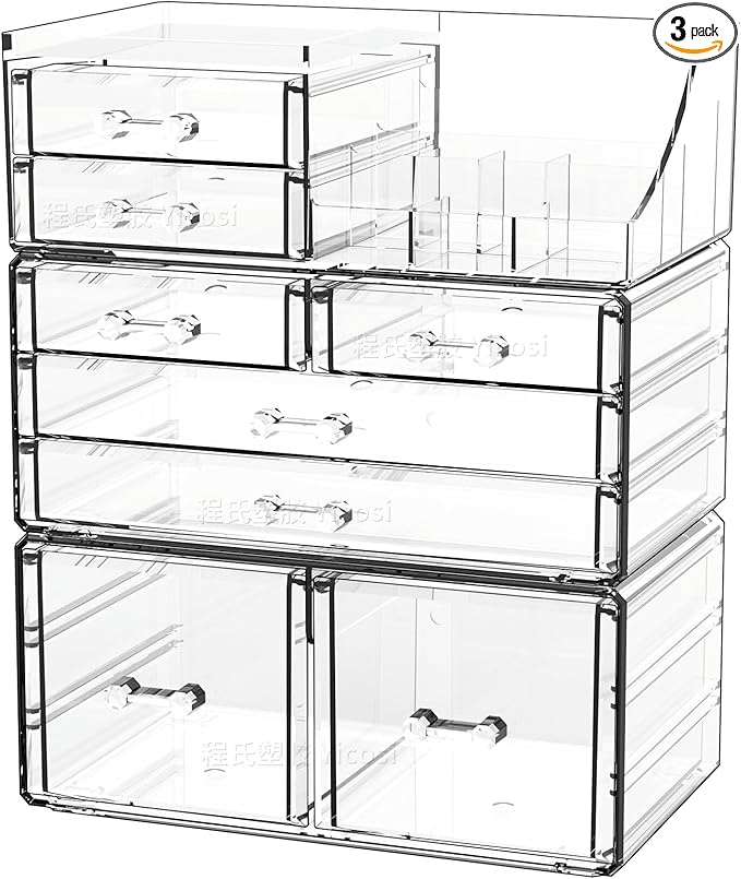 Cq acrylic 3 Pack Clear Makeup Organizer Countertop,Stackable 8 Drawers Skin Care Organizer,Cute Make Up Organizers for Vanit