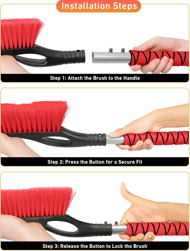 EcoNour 27" Aluminum Snow Brush with Ice Scrapers for Car Windshield and Window | Car Snow Scraper and Brush with Ergonomic Foam Grip Winter Accessories (Orange, Red, Green) (3 Pack)
