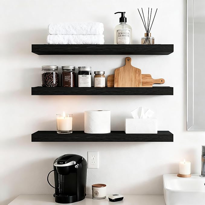 Set of 3 Farmhouse Solid Wood Floating Shelves 22.5 inch Black Wall Mounted Storage Shelves for Bathroom Over Toilet, Bedroom