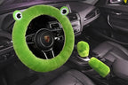 U&M 3 Pcs Set Fluffy Genuine Sheepskin Car Steering Wheel Cover with Handbrake Cover & Gear Shift Cover Fuzzy Wool Fur Soft Warm Winter (Green Frog, Shearling Wool)