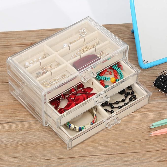 FEISCON Acrylic Jewelry Organizer Makeup Cosmetic Storage Organizer box Clear Jewelry Case with 3 Drawers Adjustable Jewelry 