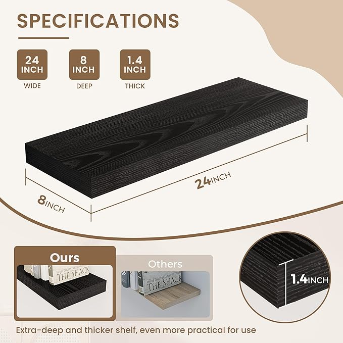 Dreamland 24 Inches Floating Shelves for Wall, 8" Deep Long Floating Shelves Set of 2, Large Display & Storage Shelf, Wall Sh