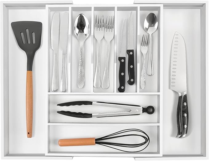 Bellsal Large Premium Bamboo Silverware Organizer - Expandable Utensil Drawer Organizer - 17"x19.6" Utensil Holder and Cutler