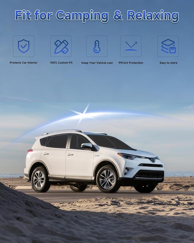 8PCS Window Shades for Toyota RAV4(2013-2018) Accessories – Full Coverage Sun Shade for Side Windows, Rear Triangular & Windshield – UV Protection & Privacy for Camping, Napping, Relaxing