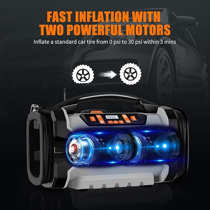 WORKSITE Tire Inflator Air compressor Portable, 160 PSI Car Air Pump with Multi Power Source (110V AC, 12V DC & 20V Battery) for cars, bikes, balls,Gray