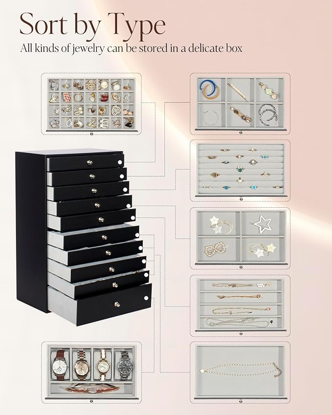 GUKA Large Jewelry Box, Jewelry Case with 10 Drawers for Big and Small Jewelry, Jewelry Storage Organizer for Watch Earrings 