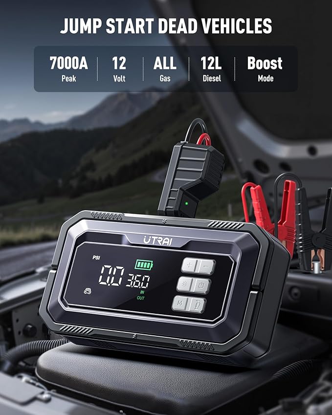 UTRAI Jump Starter with Air Compressor 150PSI, 7000A Peak 12V Jump Box for Car Battery (All Gas/12.0L Diesel), 160W DC